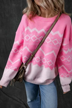 New Dear-Lover Western Aztec Geometric Drop Shoulder Sweater Pink