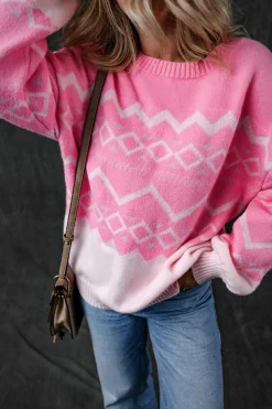 New Dear-Lover Western Aztec Geometric Drop Shoulder Sweater Pink