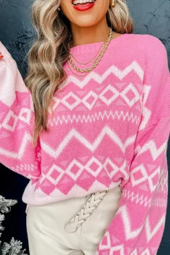 New Dear-Lover Western Aztec Geometric Drop Shoulder Sweater Pink