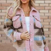 Sale Dear-Lover Western Aztec Print Sherpa Splicing Buttoned Flap Pocket Coat Pink