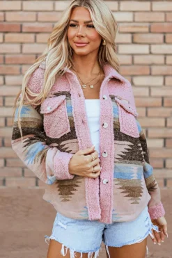 Sale Dear-Lover Western Aztec Print Sherpa Splicing Buttoned Flap Pocket Coat Pink