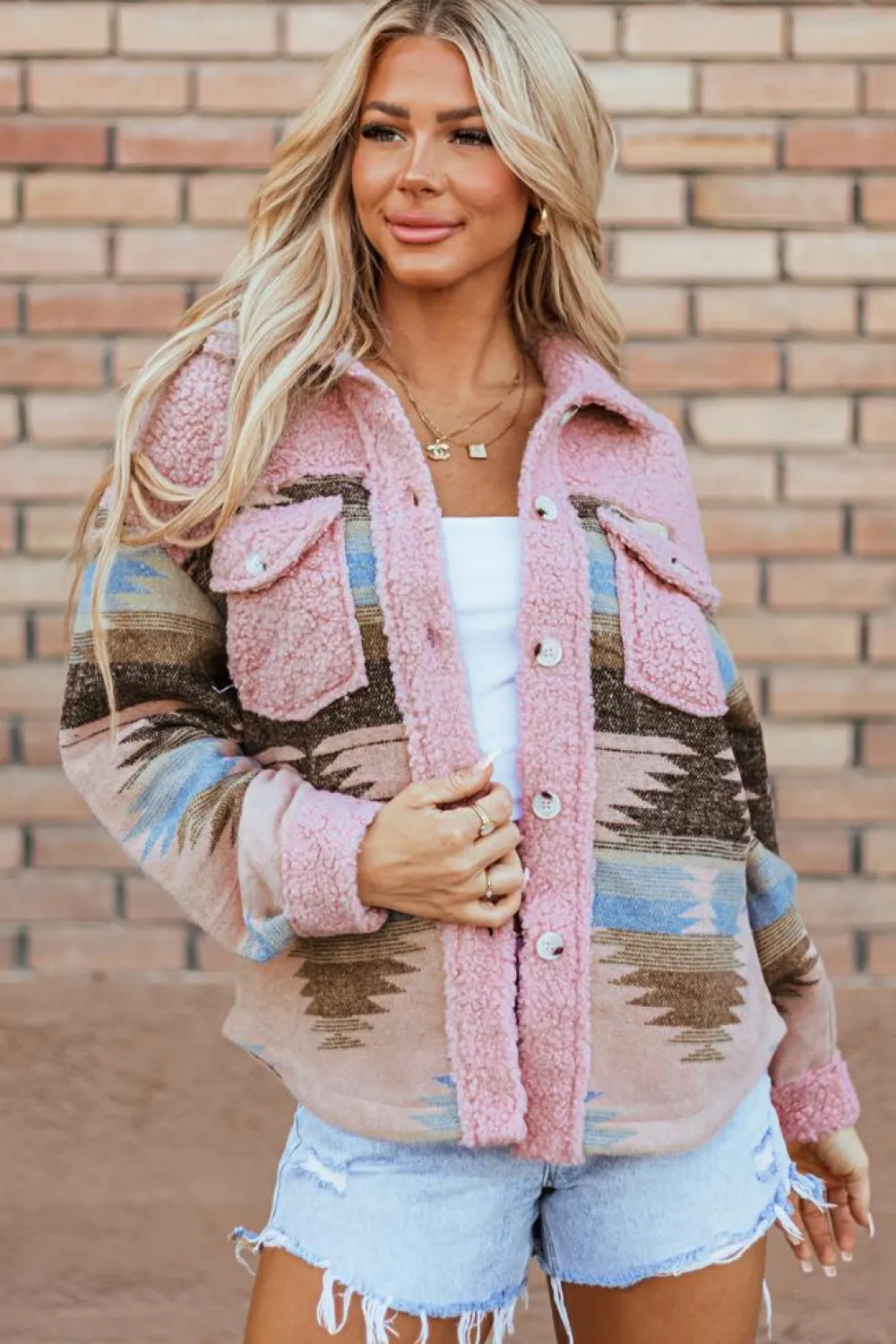 Sale Dear-Lover Western Aztec Print Sherpa Splicing Buttoned Flap Pocket Coat Pink