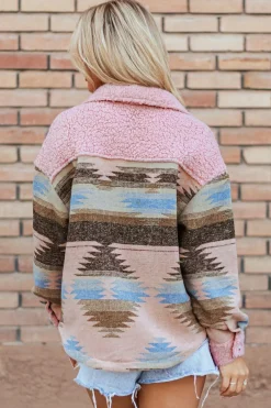 Sale Dear-Lover Western Aztec Print Sherpa Splicing Buttoned Flap Pocket Coat Pink