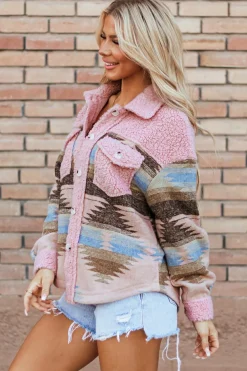 Sale Dear-Lover Western Aztec Print Sherpa Splicing Buttoned Flap Pocket Coat Pink