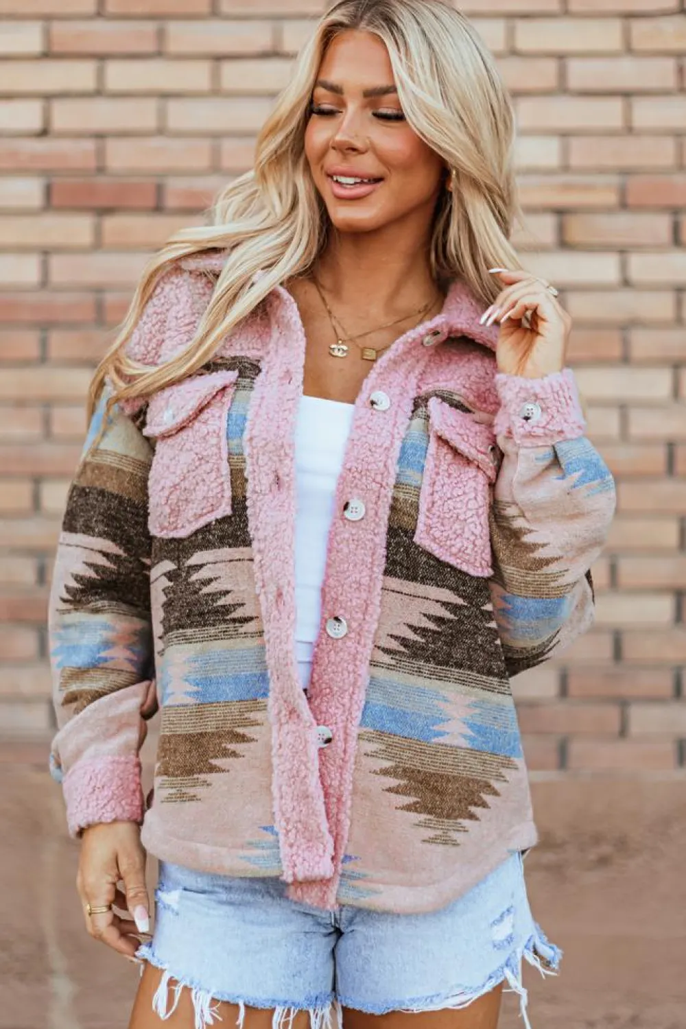 Sale Dear-Lover Western Aztec Print Sherpa Splicing Buttoned Flap Pocket Coat Pink