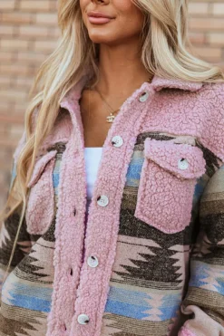 Sale Dear-Lover Western Aztec Print Sherpa Splicing Buttoned Flap Pocket Coat Pink