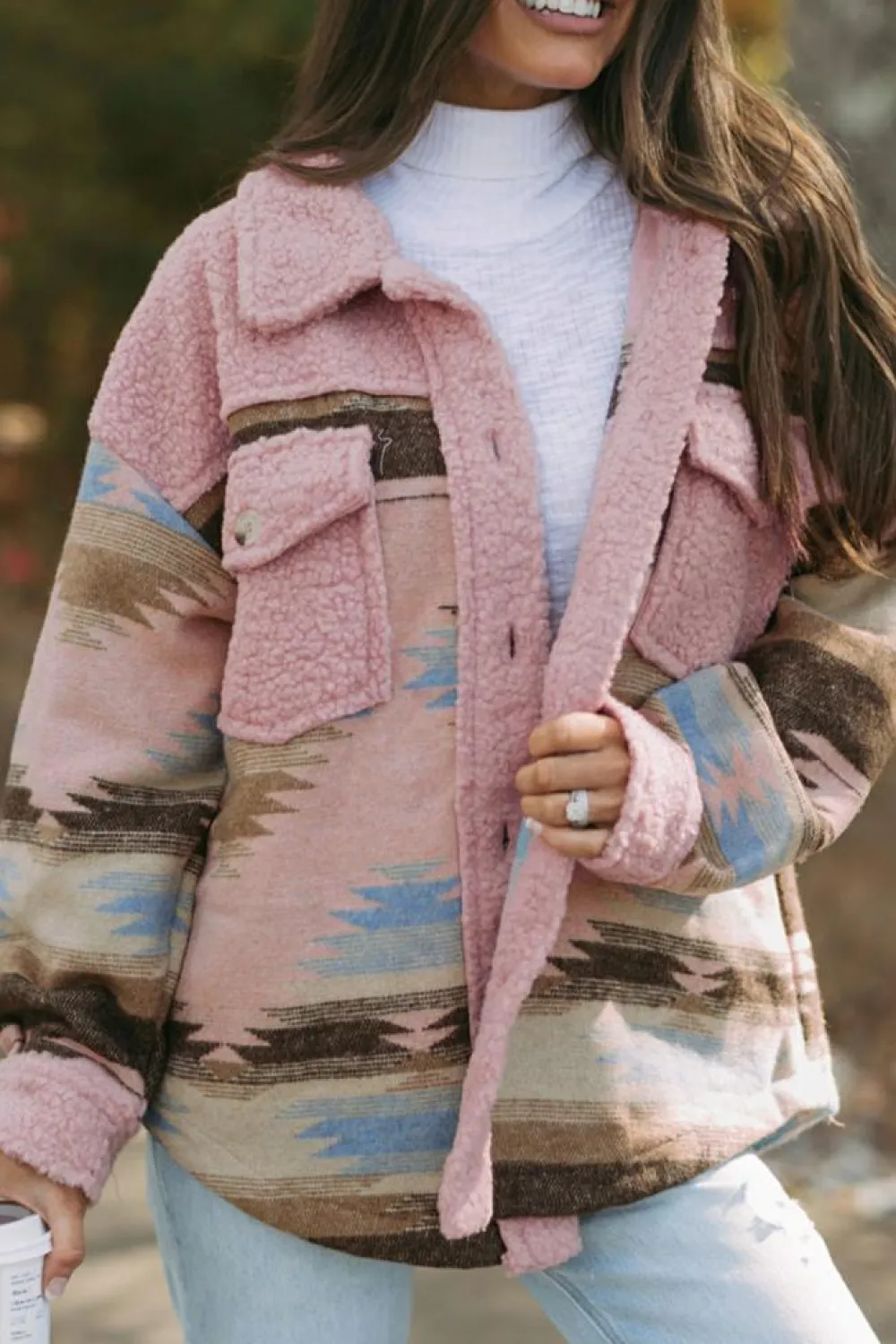 Sale Dear-Lover Western Aztec Print Sherpa Splicing Buttoned Flap Pocket Coat Pink