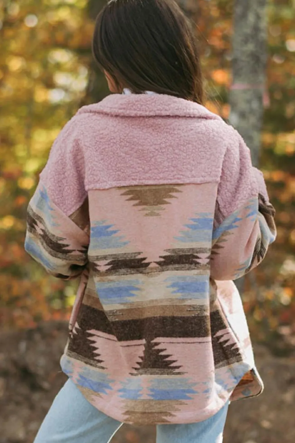 Sale Dear-Lover Western Aztec Print Sherpa Splicing Buttoned Flap Pocket Coat Pink
