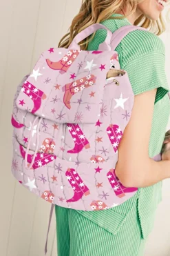 Online Dear-Lover Western Boots Stars Print Quilted Flap Large Backpack Pink