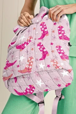 Online Dear-Lover Western Boots Stars Print Quilted Flap Large Backpack Pink
