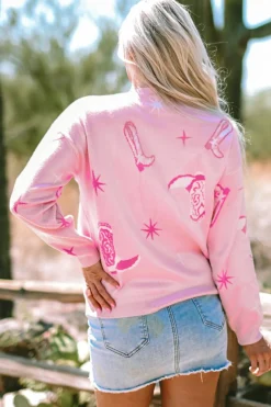 Best Dear-Lover Western Cowboy Boot Sweater Pink