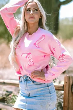 Best Dear-Lover Western Cowboy Boot Sweater Pink