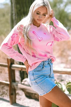 Best Dear-Lover Western Cowboy Boot Sweater Pink