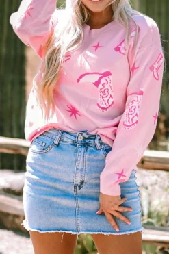 Best Dear-Lover Western Cowboy Boot Sweater Pink