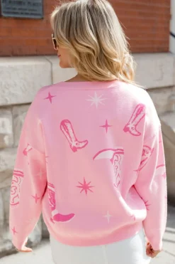 Best Dear-Lover Western Cowboy Boot Sweater Pink