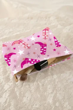 Online Dear-Lover Western Cowboy Boots Star Print Large Makeup Bag Pink