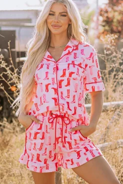 Clearance Dear-Lover Western Cowgirl Boots Printed Shirt Ruffled Shorts Pajama Set Pink