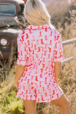 Clearance Dear-Lover Western Cowgirl Boots Printed Shirt Ruffled Shorts Pajama Set Pink