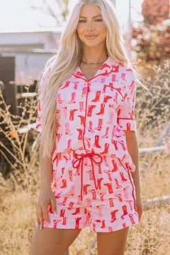 Clearance Dear-Lover Western Cowgirl Boots Printed Shirt Ruffled Shorts Pajama Set Pink