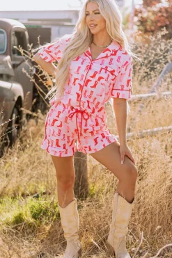 Clearance Dear-Lover Western Cowgirl Boots Printed Shirt Ruffled Shorts Pajama Set Pink