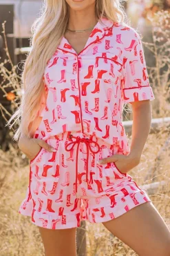 Clearance Dear-Lover Western Cowgirl Boots Printed Shirt Ruffled Shorts Pajama Set Pink