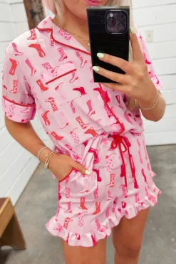 Clearance Dear-Lover Western Cowgirl Boots Printed Shirt Ruffled Shorts Pajama Set Pink