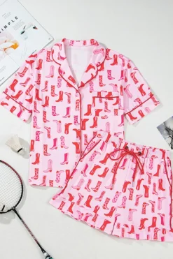 Clearance Dear-Lover Western Cowgirl Boots Printed Shirt Ruffled Shorts Pajama Set Pink