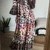 Discount Dear-Lover Western Leopard Printed 3/4 Sleeve Buttoned Front Tiered Maxi Dress Pink
