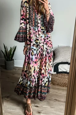 Discount Dear-Lover Western Leopard Printed 3/4 Sleeve Buttoned Front Tiered Maxi Dress Pink