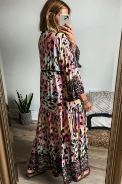 Discount Dear-Lover Western Leopard Printed 3/4 Sleeve Buttoned Front Tiered Maxi Dress Pink