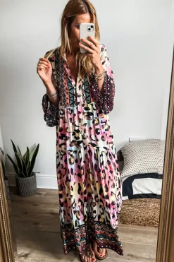 Discount Dear-Lover Western Leopard Printed 3/4 Sleeve Buttoned Front Tiered Maxi Dress Pink