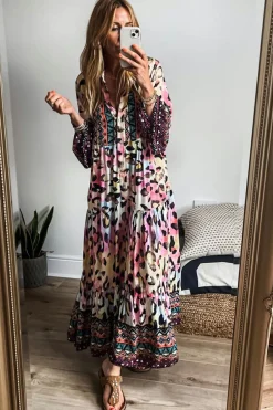Discount Dear-Lover Western Leopard Printed 3/4 Sleeve Buttoned Front Tiered Maxi Dress Pink