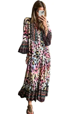Discount Dear-Lover Western Leopard Printed 3/4 Sleeve Buttoned Front Tiered Maxi Dress Pink