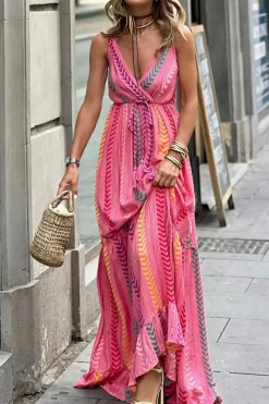 Fashion Dear-Lover Western Printed Tassel Tie V Neck Wrap Maxi Dress Pink