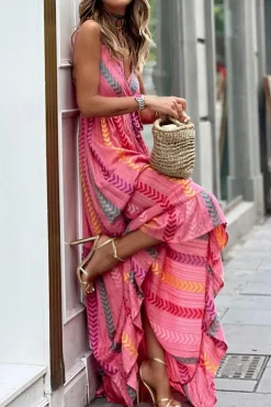 Fashion Dear-Lover Western Printed Tassel Tie V Neck Wrap Maxi Dress Pink