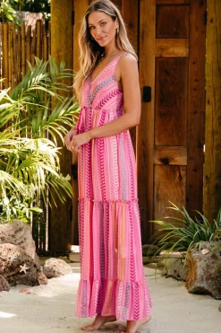 Fashion Dear-Lover Western Printed Tassel Tie V Neck Wrap Maxi Dress Pink