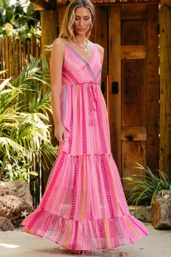 Fashion Dear-Lover Western Printed Tassel Tie V Neck Wrap Maxi Dress Pink
