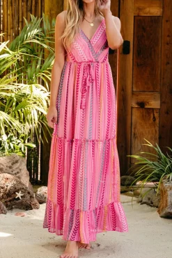Fashion Dear-Lover Western Printed Tassel Tie V Neck Wrap Maxi Dress Pink