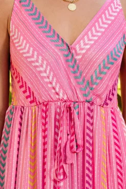 Fashion Dear-Lover Western Printed Tassel Tie V Neck Wrap Maxi Dress Pink