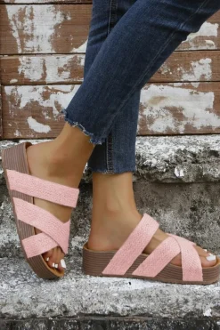 Fashion Dear-Lover Woven Cross Criss Hollowed Slip-On Slippers Pink