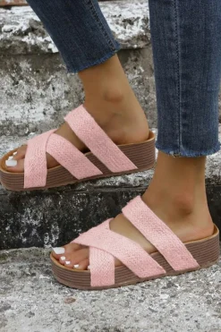 Fashion Dear-Lover Woven Cross Criss Hollowed Slip-On Slippers Pink