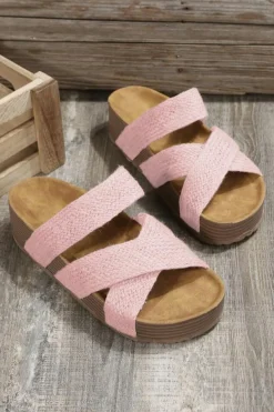 Fashion Dear-Lover Woven Cross Criss Hollowed Slip-On Slippers Pink