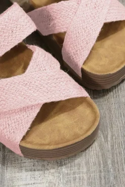 Fashion Dear-Lover Woven Cross Criss Hollowed Slip-On Slippers Pink