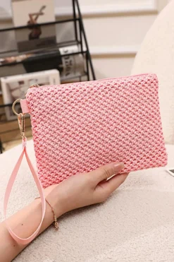 Clearance Dear-Lover Woven Zipper Wrist Strap Square Handbag Pink