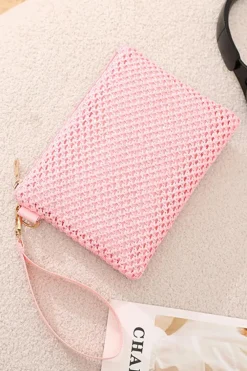 Clearance Dear-Lover Woven Zipper Wrist Strap Square Handbag Pink
