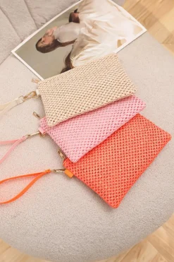 Clearance Dear-Lover Woven Zipper Wrist Strap Square Handbag Pink