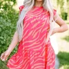 Best Dear-Lover Zebra Stripe Printed Ruffle Trim Pocketed Dress Pink