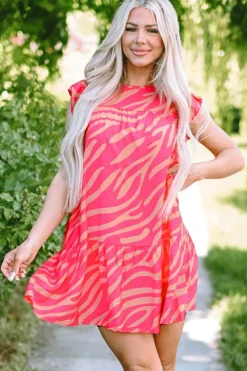 Best Dear-Lover Zebra Stripe Printed Ruffle Trim Pocketed Dress Pink