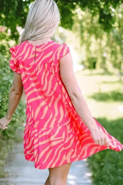 Best Dear-Lover Zebra Stripe Printed Ruffle Trim Pocketed Dress Pink