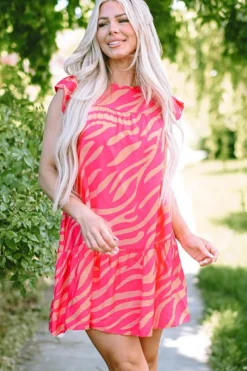 Best Dear-Lover Zebra Stripe Printed Ruffle Trim Pocketed Dress Pink